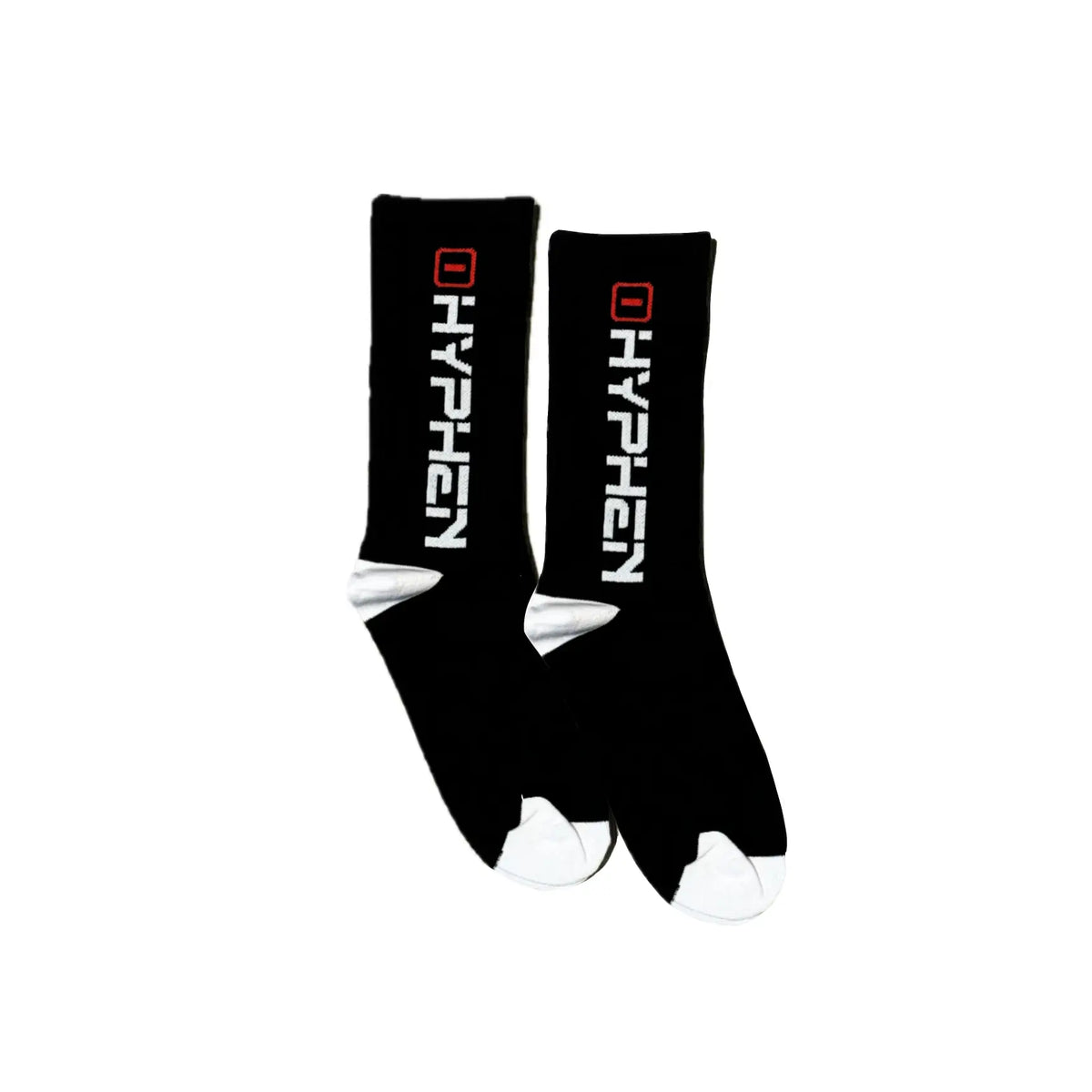 Black socks with white text and red logo on a white background