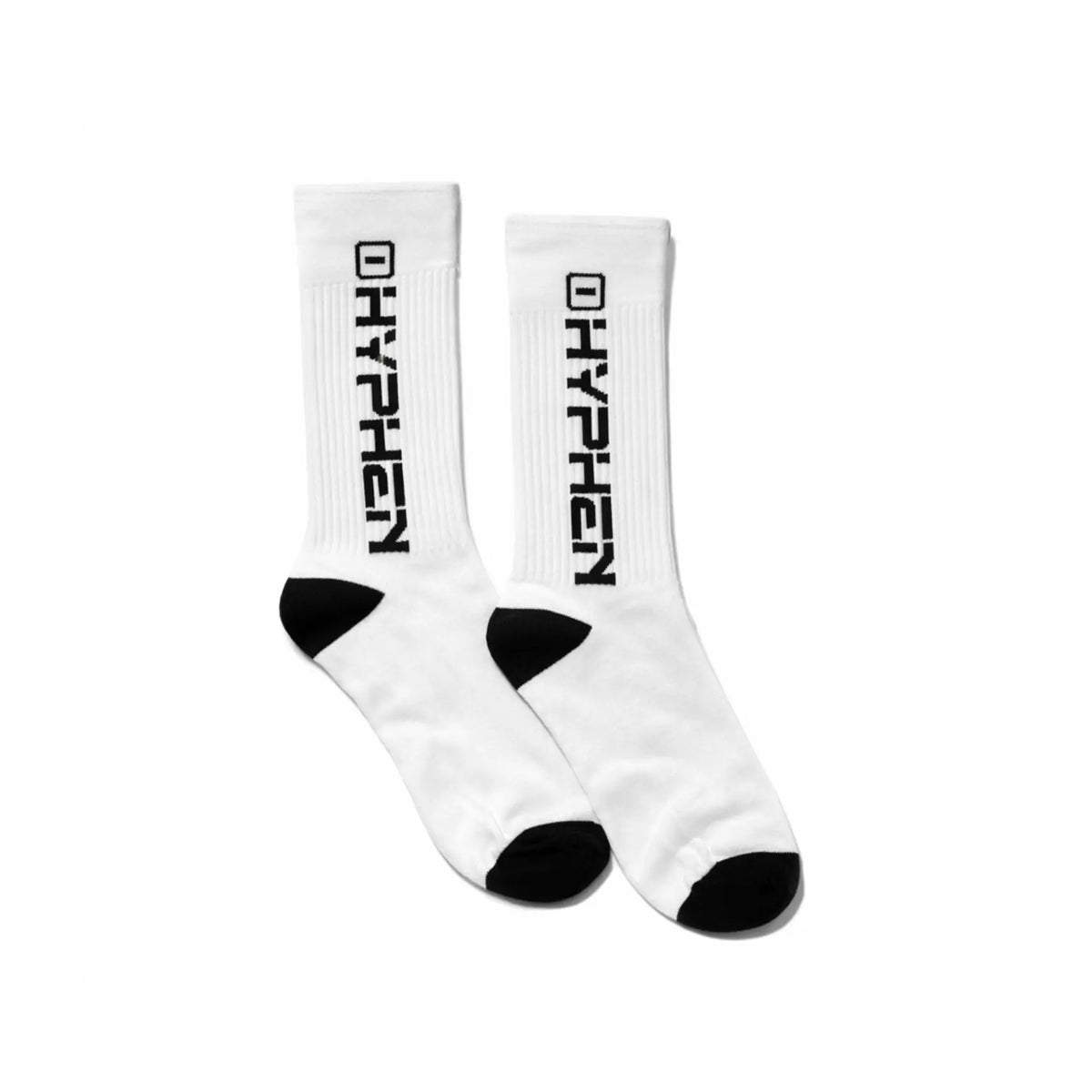 White Hyphen logo socks with black accents on a white background