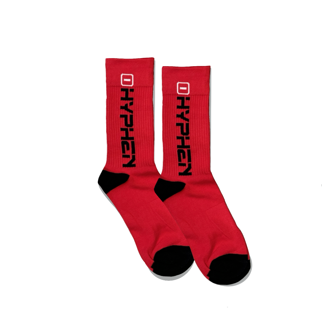 Red and black Hyphen logo socks